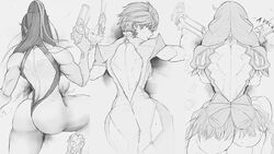 1girls ass ass_cleavage back_to_viewer back_view bayonetta bayonetta_(character) bayonetta_2 bayonetta_3 big_ass black_hair butt_crack female female_only female_protagonist glasses greyscale gun hair_accessory handgun huge_ass legs_up monochrome muscular muscular_back muscular_female video_games weapon white_background yoracrab rating:Explicit score:116 user:kallen2020