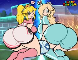 2girls ?! alternate_costume ass ass_focus big_ass big_breasts blonde_female blonde_hair blue_eyes blush breasts brown_hair bubble_ass bubble_butt clothed clothing duo female female_only football football_player football_uniform fully_clothed large_ass long_hair looking_at_viewer looking_back mario_(series) mario_strikers nintendo princess_peach princess_rosalina seductive shorts silenttandem smile soccer soccer_ball socks sports_uniform sportswear thick_thighs voluptuous wide_hips rating:Questionable score:247 user:Lunacy