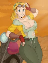 1girls 2019 battle_tendency big_breasts blonde_hair blue_eyes detnox female female_only fully_clothed gloves goggles goggles_on_forehead goggles_on_head green_clothing happy headband huge_breasts huge_butt jojo's_bizarre_adventure looking_at_viewer motorcycle smile smiling solo suzi_q tight_clothing tight_shirt voluptuous wide_hips rating:Safe score:221 user:DickGuy8719