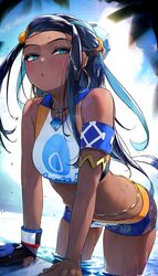 1girls :o alternate_hairstyle arm_band arm_support armlet armwear asymmetrical_gloves bare_shoulders belly belly_button belly_chain belt black_hair blue_eyes blue_eyeshadow blue_hair blush breasts clothing collar collarbone crop_top dark-skinned_female dark_skin earrings eye_contact eyelashes eyeshadow female female_only game_freak gym_leader hair_ornament handwear hi_res high_resolution highres hizake hoop_earrings human jewelry kashu_(hizake) leaning_forward long_hair looking_at_viewer makeup medium_breasts midriff multicolored_hair navel necklace nessa_(pokemon) nintendo off_shoulder open_mouth outdoors partially_submerged pierced_ears piercing piercings pokemon pokemon_(game) pokemon_ss short_shorts shorts sidelocks single_glove streaked_hair sunlight swimsuit tank_top tankini thin_waist two_tone_hair wet wet_clothes wide_eyed wristwear rating:Questionable score:479 user:RatherNotSay