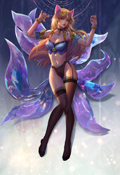 1girls ahri animal_ears blonde_hair bracelet cat_ears cleavage fan_yang female female_only garter_straps hands_up heels k/da_all_out_ahri k/da_all_out_series k/da_series league_of_legends light-skinned_female long_hair midriff multiple_tails solo stockings thick_thighs thigh_gap thighhighs rating:Questionable score:102 user:deleted7316