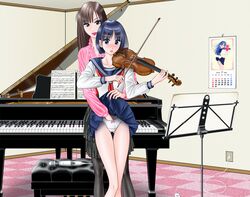 2girls blue_eyes blue_hair blush brown_hair clothing female fingering instrument long_hair multiple_girls original panties piano school_uniform seifuku skirt underwear vibrator violin yuri rating:Explicit score:5 user:bot