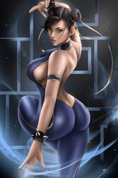 1girls asian_female ass backless_outfit bangs bare_back bare_shoulders black_hair blue_unitard bracelet breasts brown_eyes capcom chun-li double_bun female hair_bun hair_ribbon halterneck highres jewelry looking_at_viewer looking_back medium_breasts parted_lips ribbon sideboob signature sleeveless solo spiked_bracelet spikes street_fighter sweat unitard we1cometoparadiseart welcometoparadise wtparadise yellow_ribbon rating:Questionable score:213 user:Crcole331