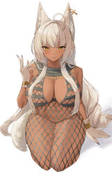 1girls 2022 absurd_res ahoge animal_ears ankh blush breasts brown_skin commission dark-skinned_female dark_skin ear_piercing egyptian female female_only hi_res hips huge_breasts kataku_musou kneeling long_hair original original_character simple_background slim_waist smile thick_thighs thighs white_background white_hair wide_hips yellow_eyes rating:Questionable score:93 user:ZetaReborn