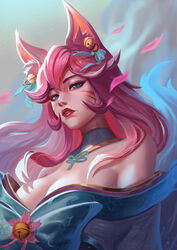 9_tails ahri alternate_costume alternate_hair_color alternate_hairstyle animal_ear_fluff animal_ears animal_girl bangs bell big_breasts blue_eyes breasts busty choker cleavage clothing eyelashes eyeliner eyeshadow facial_markings female fluffy fluffy_ears fluffy_tail fluffy_tails fox fox_ears fox_girl fox_tail furry_tail hair_ornament hair_ribbon humanoid inner_ear_fluff japanese_clothes kemonomimi kimono kitsune large_breasts league_of_legends light-skinned_female light_skin lips lipstick long_hair looking_at_viewer multiple_tails nine_tailed_fox pale-skinned_female pale_skin pink_hair riot_games robe slit_pupils spirit_blossom_ahri spirit_blossom_series tail unstable_anomaly vastaya video_games white_hair yellow_eyes rating:Questionable score:59 user:LewdVesani