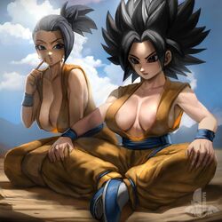 2girls armpits big_breasts black_hair breasts caulifla clothing cloud dragon_ball dragon_ball_super ear_piercing earrings elitenappa female female_only female_saiyan kale karate_gi nipple_bulge no_bra outside piercing saiyan shoes sitting sky thick_thighs universe_6 universe_6/universe_7 wide_hips wristband rating:Questionable score:261 user:Rex_Hollins