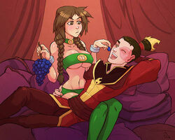 1boy arm_around_waist avatar_the_last_airbender basedesire blush bracelet braid breasts brown_eyes brown_hair burn_scar choker clothing color digital_media_(artwork) female food fruit grapes green_legwear green_panties human jin_(avatar) large_breasts lying male narrow_waist navel nickelodeon nipples on_back panties pillow scar smile stockings straight thighhighs topless twin_braids underwear wink yellow_eyes zuko rating:Questionable score:59 user:mypp19cmlong