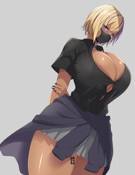 13 blonde_hair breasts bursting_breasts choker cleavage dark-skinned_female dark_skin face_mask ganguro gyaru huge_breasts kloah kuro_gyaru mole mole_on_breast multicolored_hair nail_polish original original_character purple_eyes shinokami_xatiii_(kloah) shirt short_hair simple_background skirt tattoo thick_thighs rating:Explicit score:225 user:Dic