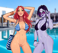 2girls bag bikini_top bottomless casual dc dc_comics eyewear female female_only female_pubic_hair going_commando human koriand'r medium_breasts minko naked no_panties nude nudity pale_skin pubic_hair rachel_roth raven_(dc) starfire teen_titans wristwear rating:Explicit score:266 user:deleted106147