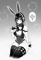 1girls assassin black_hair blush bunny_ears bunny_tail bunnysuit crystalsugarstars dialogue english_text female female_only fingerless_gloves heart hi_res legwear looking_at_viewer monochrome smiling smiling_at_viewer solo solo_female speech_bubble spy_x_family stiletto_(weapon) talking_to_viewer thick_thighs thorn_princess wrist_cuffs yor_briar yor_forger rating:Questionable score:124 user:BlueVertig0