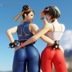 2girls 3d 3d_(artwork) ass butt chun-li chun-li_(fortnite) clothed clothing evie_(fortnite) eyewear_on_head female female_only fortnite lipstick silver2299 street_fighter sunglasses_on_head thighs tight_clothing rating:Questionable score:160 user:Wisp2299