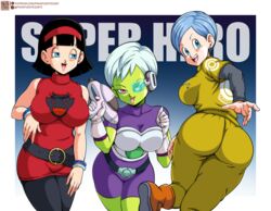 3girls black_hair blue_eyes blue_hair bulma_briefs cheelai clothed clothed_female clothing dat_ass dragon_ball dragon_ball_super dragon_ball_super_super_hero franfuentesart2 fully_clothed green-tinted_eyewear green_skin gun pants ray_gun scouter smile tinted_eyewear tongue_out videl videl_(dragon_ball_super) white_hair rating:Explicit score:148 user:Duncan33303