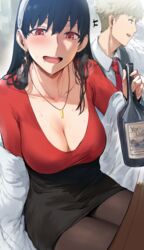 1boy 1girls alcohol big_breasts black_hair black_legwear blush bra_peek breasts cleavage collarbone drooling drunk earrings fully_clothed hairband happy heavy_breathing hews_hack highres legwear loid_forger long_hair microskirt necklace open_mouth pantyhose red_eyes sitting skirt smile spy_x_family sweatdrop sweating yor_briar rating:Explicit score:314 user:Mivaza