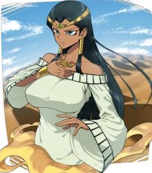 1girls big_boobs big_breasts black_hair blue_eyes clothed_female clouds colored dark-skinned_female dark_skin desert egyptian female female_only golden_bracelet isis_ishtar long_hair necklace sand sky solo_female spacezin uncensored voluptuous yu-gi-oh! rating:Explicit score:106 user:Heroicsman