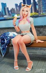 1girls 3d 3d_(artwork) ahri bench blender blonde_female blonde_hair blue_eyes casual clothed girl ice_cream k/da_ahri k/da_series league_of_legends public sioppx sitting sitting_on_chair skirt toes white_shirt rating:Explicit score:117 user:SioppX