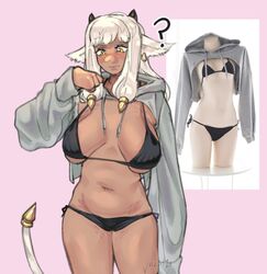 1girls ? alternate_costume ash_(fire_emblem) bangs bare_midriff bare_thighs bikini black_bikini black_swimsuit breasts confusion cow_girl dark-skinned_female dark_skin earrings female female_only fire_emblem fire_emblem_heroes grey_hair hoodie juicet1n large_breasts long_sleeves medium_hair midriff nintendo pointy_ears solo swimsuit tail thighs yellow_eyes rating:Explicit score:45 user:KassTheFuta