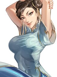 1girls arms_up big_breasts brown_eyes brown_hair capcom chun-li clothed clothed_female clothes clothing female female_only fully_clothed smiling_at_viewer solo street_fighter street_fighter_6 thin_arms rating:Safe score:84 user:JuicyBigAss