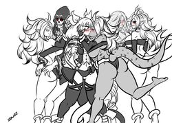 4girls anal android_21 artist_name ass ass_visible_through_thighs black_and_white blush choker closed_eyes crossover dizzy_(guilty_gear) dragon_ball dragon_ball_z earrings french_kiss guilty_gear hoop_earrings izdawhiz jewelry kissing large_breasts long_hair majin_android_21 monster_girl multiple_girls necro_(guilty_gear) panty_pull pussy tail_ribbon thick_thighs thigh_strap thighs twintails undine_(guilty_gear) yuri rating:Questionable score:26 user:vagabond512