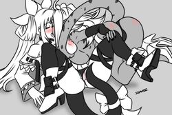 2girls anal android_21 areolae artist_name ass black_and_white blush breast_grab choker closed_eyes crossover dizzy_(guilty_gear) dragon_ball dragon_ball_z earrings erect_nipples french_kiss guilty_gear high_heels hoop_earrings izdawhiz jewelry kissing large_breasts long_hair majin_android_21 monster_girl multiple_girls pussy spread_legs tail_ribbon thick_thighs thigh_strap thighs twintails yuri rating:Explicit score:28 user:vagabond512