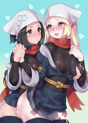 2futas akari_(pokemon) akari_(pokemon)_(cosplay) alternate_costume black_eyes black_hair blonde_hair bottomless breast_grab breasts censored clothed clothing cosplay cum cum_while_penetrated duo ejaculation erection futa_on_futa futa_only futa_with_futa futanari grabbing grabbing_from_behind hands-free handsfree_ejaculation head_scarf heart heart-shaped_pupils heart_censor highres holding_hands human interlocked_fingers light-skinned_futanari light_skin lillie_(pokemon) looking_at_another medium_breasts mizuumi_(bb) mostly_clothed multiple_girls open_mouth parted_lips penis pokemon pokemon_(game) pokemon_legends:_arceus pokemon_sm selene_(pokemon) sex sex_from_behind short_hair smile standing symbol-shaped_pupils thighhighs white_headwear x-ray rating:Explicit score:325 user:bot