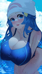 1girls 2022 alternate_breast_size blue_eyes blue_hair blush breasts cleavage competition_swimsuit dawn_(pokemon) female female_only hat horny huge_breasts long_hair looking_at_viewer massive_breasts nintendo one-piece_swimsuit pokemon pokemon_dppt smile sumisumii voluptuous wet wet_body wet_breasts white_hat rating:Questionable score:222 user:ZetaReborn