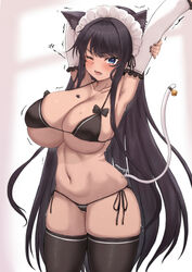 animal_ears arm_up armpits bikini black_hair black_legwear blue_eyes blush breasts cat_ears cat_tail cleavage dark-skinned_female dark_skin elbow_gloves female female_only gloves highres huge_breasts mole navel one_eye_closed original sho_(wnmf3234) skindentation solo swimsuit tail tan thighhighs white_gloves rating:Questionable score:38 user:DemonKitty15