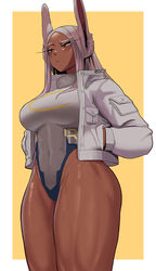 1girls animal_ears big_breasts border breasts bunny_ears cropped_legs dark-skinned_female dark_skin drip female fully_clothed gud0c hands_in_pockets jacket leotard long_hair miruko muscular_female my_hero_academia rabbit_ears red_eyes rumi_usagiyama solo thick_thighs white_hair rating:Safe score:418 user:Uglydude452