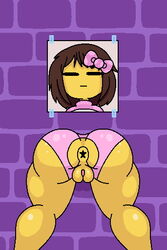 anus ass bikini bikini_bottom bow brown_hair frisk glory_hole shy_jaz through_wall undertale undertale_(series) yellow_body rating:Explicit score:34 user:Shy_Jaz