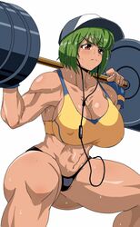 1girls abs ass bare_shoulders baseball_cap belly big_ass big_butt black_panties bra cap cleavage collarbone covered_breasts covered_nipples covered_pussy dark-skinned_female dark_skin dumbbell earphones female female_only fingerless_gloves gloves green_hair hat last_origin mighty_r muscle muscles muscular muscular_arms muscular_female muscular_thighs orange_eyes panties ryohei_29 short_hair simple_background solo solo_female solo_focus sports_bra squat squatting stomach sweat sweating sweaty toned toned_female weightlifting weights white_background workout rating:Explicit score:90 user:Ishymax1034