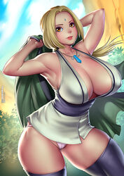 1girls armpits big_breasts bokuman breasts cleavage female female_only huge_breasts naruto naruto_(series) no_pants panties thick_thighs thighhighs thighs tsunade rating:Questionable score:96 user:deleted8169