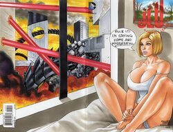 1girls bed blonde_hair book_cover chris_foulkes daikkenaurora dc dc_comics explosion female inside kara_zor-l karen_starr lipstick nail_polish power_girl sleeveless superheroine window rating:Questionable score:28 user:Bob_the_Guy