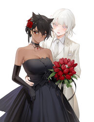 2girls androgynous bangs bare_shoulders black_choker black_dress black_flower black_gloves blush bouquet breasts choker cleavage collared_shirt dark-skinned_female dress elbow_gloves female female_focus flower formal girl_in_suit gloves hair_flower hair_ornament hair_ribbon hand_on_another's_hip highres holding_bouquet holding_flower jacket large_breasts looking_at_another looking_at_viewer micchan_(ohisashiburi) multiple_girls nacchan_(ohisashiburi) nail_polish necktie ohisashiburi original pants red_flower ribbon shirt short_hair smile suit sweatdrop tomboy very_short_hair vest wedding_dress white_hair white_jacket white_nails white_ribbon white_shirt wholesome yuri rating:Safe score:194 user:AutumnAlex