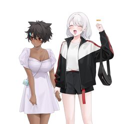 2girls albino bag bangs black_hair breasts choker cleavage clothes_swap dark-skinned_female dress embarrassed female female_only hair_ears hair_ornament highres holding_hands jacket large_breasts micchan_(ohisashiburi) multiple_girls nacchan_(ohisashiburi) ohisashiburi open_mouth original pink_eyes red_eyes short_hair shorts simple_background smile tomboy very_short_hair white_background white_hair wholesome win yuri rating:Safe score:151 user:AutumnAlex