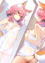 1girls absurdres animal_ear_fluff animal_ears artist_logo artist_name ass back bangs bare_shoulders black_hairband blush breast_hold breasts commentary covered_navel eyebrows_visible_through_hair fate/extra fate/extra_ccc fate_(series) female female_only fox_ears fox_girl fox_tail hair_between_eyes hairband hand_on_own_chest highres long_hair looking_at_mirror low_twintails medium_breasts mirror motion_lines pink_hair see-through sidelocks solo tail tamamo_no_mae_(fate) towel twintails wet wet_towel wisespeak yellow_eyes rating:Questionable score:106 user:DemonKitty15