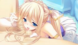 blonde_hair blue_eyes blush bridal_gauntlets caressing_testicles censored elbow_gloves game_cg hairjob himukai_kyousuke licking lieselotte_schreiber long_hair owari_naki_natsu_towa_naru_shirabe princess testicles tongue rating:Explicit score:6 user:bot