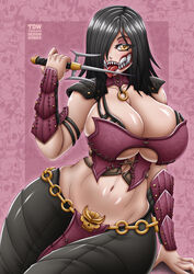 1girls 2d big_breasts black_hair breasts breasts_bigger_than_head clothing edenian gigantic_breasts hourglass_figure huge_breasts large_breasts mileena monster_girl mortal_kombat mortal_kombat_x ninja sai_(weapon) sharp_teeth short_hair takilmar tarkatan thick_thighs thighhighs thighs tongue tongue_out video_games voluptuous yellow_eyes rating:Explicit score:265 user:AlTyCg