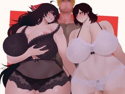 1boy 2girls black_hair black_lingerie blonde_hair curvaceous_figure curvy curvy_female curvy_figure fat female grabbing_own_breast hair_ornament hair_ribbon male multiple_girls nachocobana raven_branwen red_eyes red_hair rwby silver_eyes summer_rose taiyang_xiao_long white_lingerie rating:Explicit score:160 user:RWBYNSFWUploader