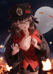 areolae breasts brown_hair chernyyvo flower_shaped_pupils genshin_impact ghost hat hu_tao_(genshin_impact) nipples one_breast_out red_eyes revealing_breasts shorts small_breasts thighs rating:Explicit score:214 user:Fumeknight1