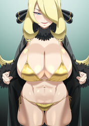 1girls 2022 abs absurd_res alternate_breast_size bikini black_jacket blonde_hair blue_eyes breasts cleavage collar cynthia_(pokemon) female female_only fur-trimmed_jacket fur_collar fur_trim gold_bikini golden_bikini gradient_background hair_ornament hair_over_one_eye highres huge_breasts ika_daishogun jacket large_breasts long_hair looking_at_viewer mature_female navel nintendo open_clothes open_jacket open_mouth pokemon pokemon_dppt presenting seductive side-tie_bikini simple_background smile solo standing string_bikini swimsuit thigh_gap thighhighs thighs tongue yellow_bikini zettai_ryouiki rating:Questionable score:66 user:Blookryynnn