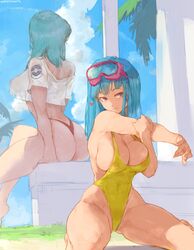 2girls absurd_res areola_slip ass big_ass big_breasts blue_eyebrows blue_eyes blue_hair breasts bulma_briefs bulma_briefs_(garlic_jr_saga) cloud cutesexyrobutts dragon_ball dragon_ball_super dragon_ball_z female female_only hi_res hourglass_figure human long_hair maron milf multiple_girls nipple_bulge nipples_visible_through_clothing shounen_jump sitting swimsuit thick_ass thick_thighs thighs yellow_swimsuit rating:Questionable score:895 user:ZetaReborn