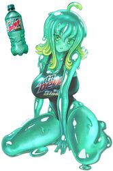  ahoge female gijinka kneeling mountain_dew mountain_dew_baja_blast one-piece_swimsuit shenrix slime_girl  rating:questionable score: user:karen14smith