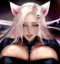 1girls ahri blonde_female blonde_hair blue_eyes breasts female female_only fox_ears heart-shaped_pupils huge_breasts k/da_all_out_ahri k/da_all_out_series k/da_series league_of_legends light-skinned_female lohel looking_at_viewer solo rating:Explicit score:129 user:deleted7316