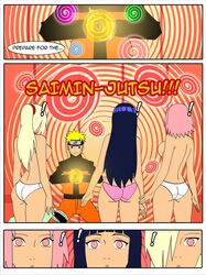 1boy 3girls ass blonde_hair blue_eyes blue_hair clothed clothing comic female forehead_protector green_eyes human hypnosis hyuuga_hinata ino_yamanaka jimryu long_hair male mind_control multiple_girls naruto naruto_shippuden nude open_mouth pink_hair pink_panties sakura_haruno short_hair sideboob slave smile spiked_hair text tied_hair underwear uzumaki_naruto white_panties rating:Explicit score:41 user:bot