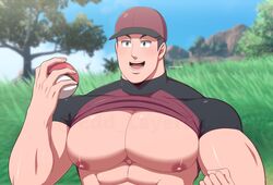 1boy abs big_nipples big_pecs black_hair blue_eyes cap courier_(pokemon) edd_layerex exhibitionism exhibitionist hat holding_object male male_nipples male_only muscles muscular_male nipples open_mouth pecs pectorals pokemon pokemon_sv shirt_lift shirt_up smile smiling underpec rating:Questionable score:27 user:Knockers