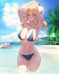 1girls 2022 armpits arms_up artist_signature azto_dio beach bikini blonde_hair blue_eyes breasts female female_only genshin_impact huge_breasts jean_gunnhildr long_hair one_eye_closed outdoors patreon_username ponytail rating:Questionable score:207 user:ZetaReborn