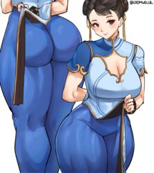 1girls absurdres ass bangs big_ass blue_pants blush bracelet breasts brown_eyes brown_hair capcom china_dress chinese_clothes chun-li cleavage clothed clothed_female clothes clothing clothing_cutout cromwellb double_bun dress feet female female_focus female_only fully_clothed hair_bun hair_buns hair_ornament hair_ribbon hi_res highres hourglass_figure jewelry large_breasts long_hair looking_at_viewer multiple_views muscular muscular_female pants pelvic_curtain ribbon short_sleeves simple_background smile solo street_fighter street_fighter_6 thick_thighs thighs tight tight_clothing tight_pants wide_hips yellow_ribbon rating:Questionable score:277 user:FilthyHank69