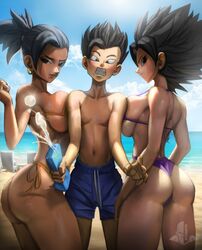 1boy 2girls ass beach big_ass big_breasts bikini black_hair boxers breast_press breasts cabba caulifla chair clothing cloud curvy_female dragon_ball dragon_ball_super ear_piercing earrings elitenappa embarrassed female female_saiyan hourglass_figure kale looking_at_viewer looking_back male ocean piercing saiyan sand side-tie_bikini skimpy skinny_male sky smile squished_between_breasts sunscreen swimming_trunks swimsuit thick_thighs thong_bikini universe_6/universe_7 universe_6_girls water rating:Questionable score:400 user:Rex_Hollins