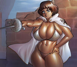 1girls 2022 bikini bikini_armor black_lips blue_eyes bob_cut brick_wall brown_bikini brown_hair bursting_breasts cape cleavage dark-skinned_female dark_skin dragon's_dogma female full_cleavage hand_on_hips horizontal_navel huge_breasts limited_palette medium_hair mercedes_marten navel o-ring o-ring_bikini olive_skin ph pout rapier short_hair solo solo_female superheroine sword tan_skin thick_thighs unconvincing_armor weapon white_cape rating:Questionable score:168 user:Ruff23