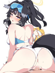 1boy after_sex after_vaginal animal_ears ass back black_hair blue_archive blush breasts censored clothed_sex clothing_aside cowgirl_position crop_top cum cum_in_pussy cum_in_pussy cum_inside dog_ears dog_girl dog_tail eyewear_on_head female from_behind halo hibiki_(blue_archive) hibiki_(cheerleader)_(blue_archive) highres kumasteam long_hair looking_at_viewer looking_back midriff mosaic_censoring panties panties_aside penis pussy sex skirt solo_focus spread_legs straddling straight tail underwear vaginal_penetration rating:Explicit score:214 user:FateGirls