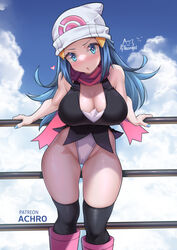 1girls achromaru aged_up alternate_breast_size blue_eyes blue_hair blush breasts dawn_(pokemon) embarrassed female hat hay huge_breasts leotard light-skinned_female light_skin long_hair nintendo pokemon pokemon_dppt thick_thighs wide_hips rating:Questionable score:381 user:NightSky77